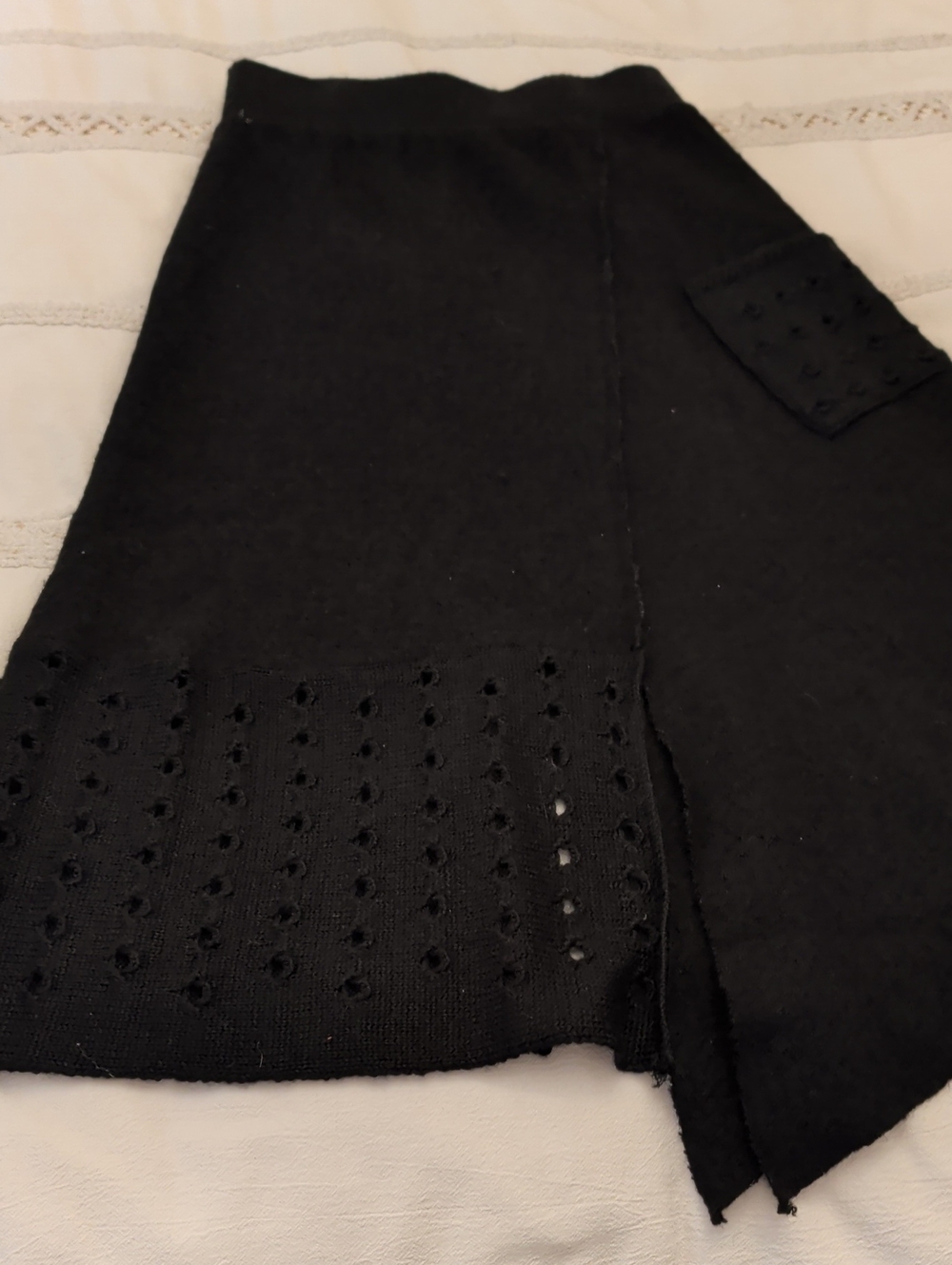 Black Knit Midi Skirt with Eyelet Hem